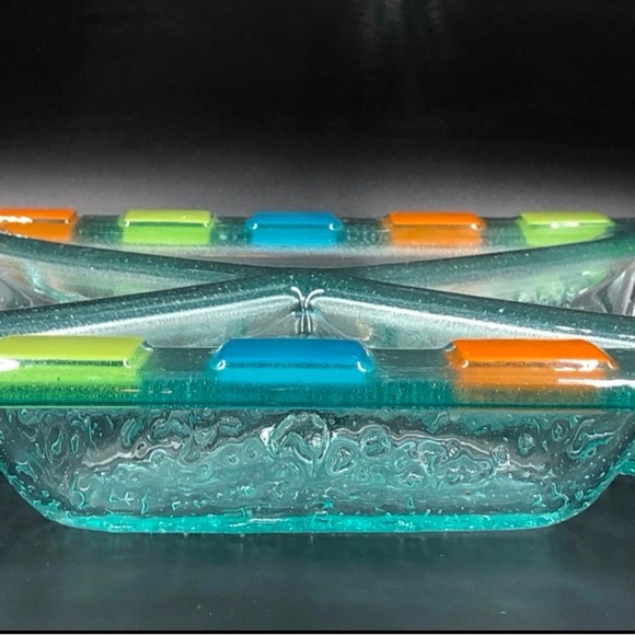 1980s Vintage Heavy Bubble Glass Serving Platter. Colourful Glass Mosaic Squares - Picture 5 of 6